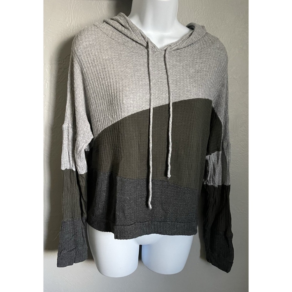 Color Thread Hooded Cropped Sweater Womens Small Gray Green long Sleeve Stretch